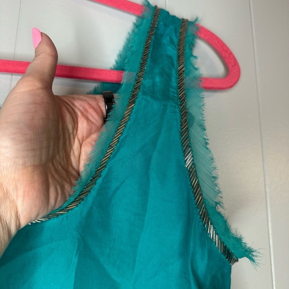 LOFT 100% Silk Teal Tank Top – Raw Edge Beaded Chain Boho Festival Top - Picture 5 of 8
